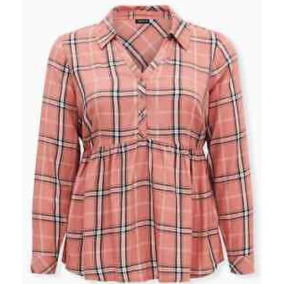 Torrid 4 Women 4x Peach Pink Plaid Twill Peplum Shirred Waist Blouse Shirt - Picture 2 of 8
